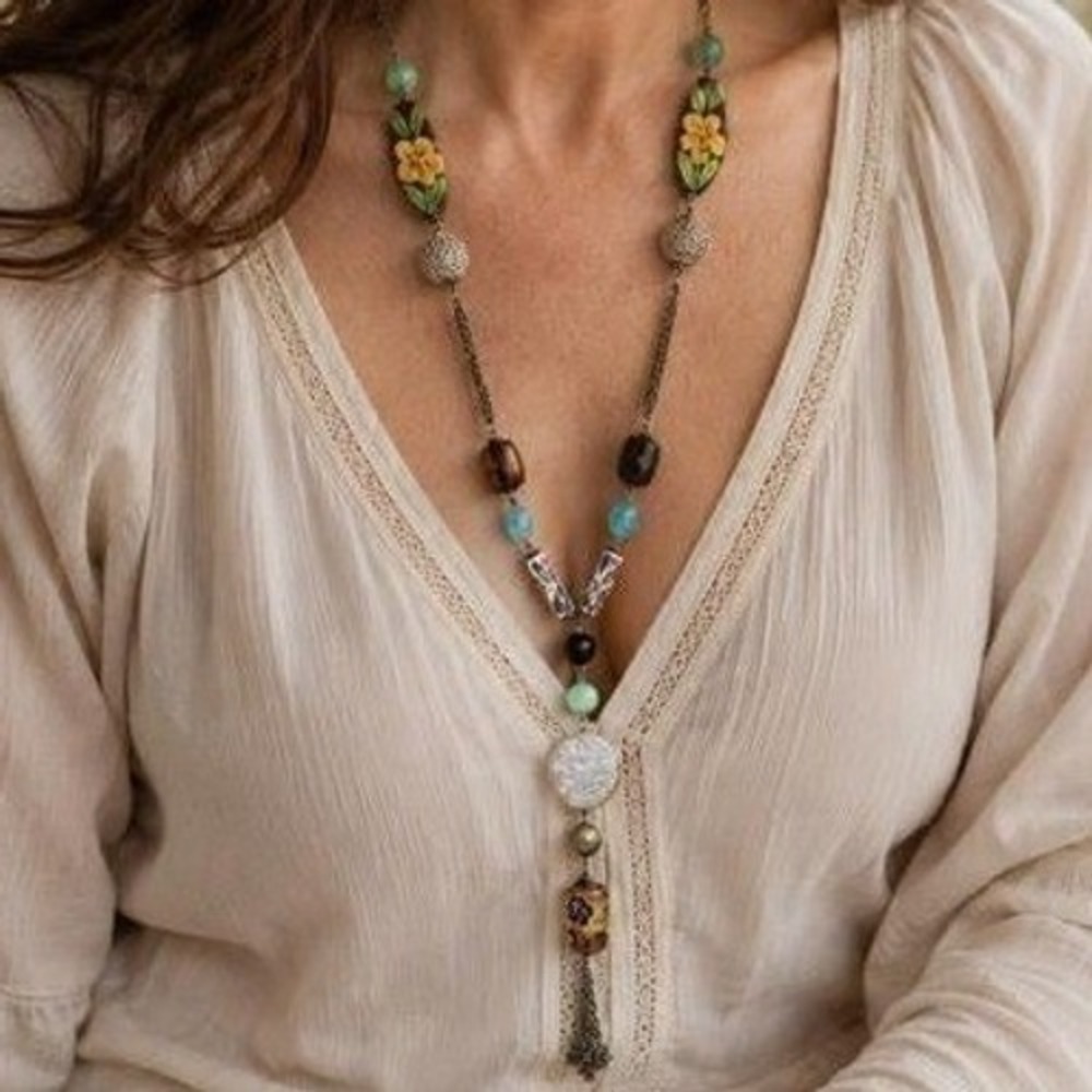 Artisan Boho Mixed Media Necklace Hand Painted Wood Ceramic Beads Long Tassel